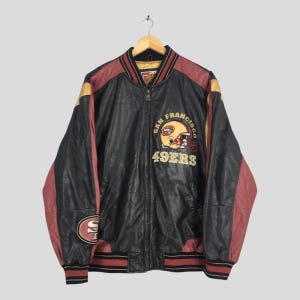 Vintage 90er Jahre San Francisco 49ERS Rot Schwarze Bomber Lederjacke Large NFL Forty Niners Bestickte Football Varsity Carl Banks Jacke Size L