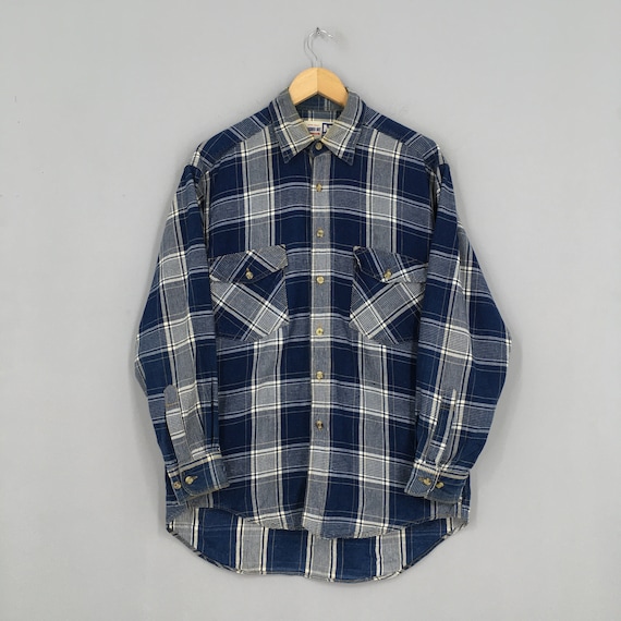 Vintage 80's Tartan Checked Flannel Blue Shirt Me… - image 1