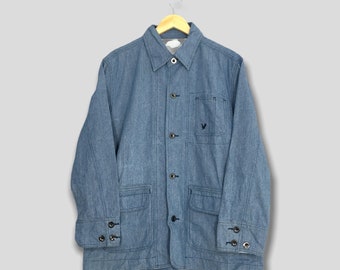 Vintage Denim Workers Jacket Large American Denim Chore Denim Jacket Workwear Labour Coat Men Field Blue Jeans Jacket Size L