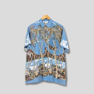 Vintage Hawaiian Aloha Tropical Shirt Large Coconut Palm Beach Island Hawaii Sunwear Honolulu Beach Wear Surf Rayon Buttondown Shirt Size L