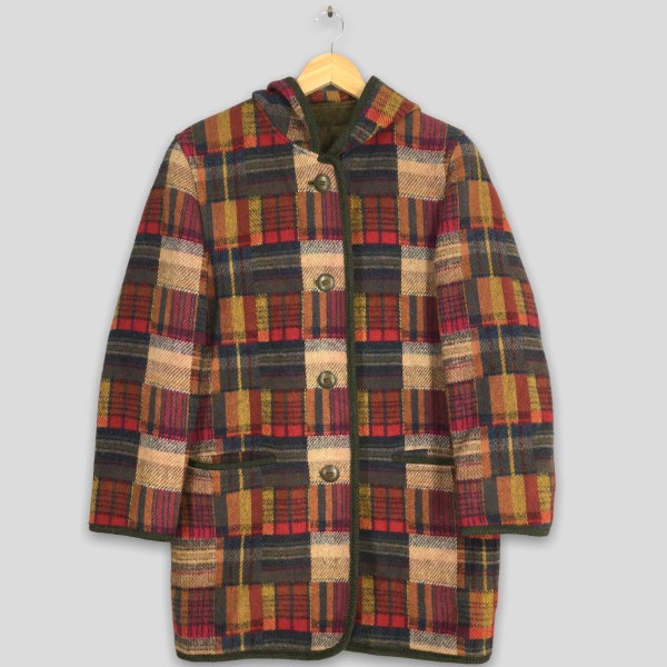 Vintage Steinbock Austria Plaid Checkered Wool Harrington Jacket Medium Steinbock Tyrol Plaid Checked Hoodie Coat Patchwork Jacket Size M