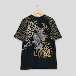 Vintage Fish Koi Japanese Sukajan Tshirt Large 90s Japanese Fish Koi Dragon All Over Embroidery Japanese Tattoo Souvenir Black Tee Size L
