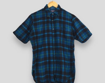 Camisa vintage de los años 80 Pendleton Plaid Shadow Blue de franela de lana a cuadros, talla M. Zapatos Oxford de franela a cuadros Pendleton USA, talla M.