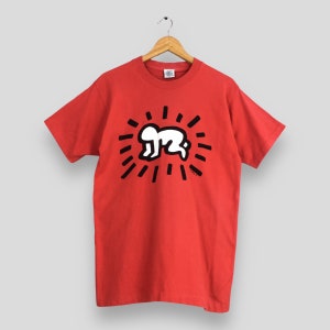 Vintage 90&#39;s Keith Haring Radiant Baby Pop Art Red T shirt Medium Keith Haring Artwork Streetwear Pop Shop Abstract Art 1990 Tees Size M