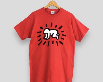 Vintage 90's Keith Haring Radiant Baby Pop Art Red T shirt Medium Keith Haring Artwork Streetwear Pop Shop Abstract Art 1990 Tees Size M