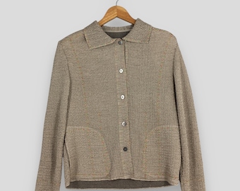 Vintage Japanese Casual Inspired Women Pleated Please Blouse Large Japan Cardigan Beige Plantation Stretchable Dress Fete Button Down Size L