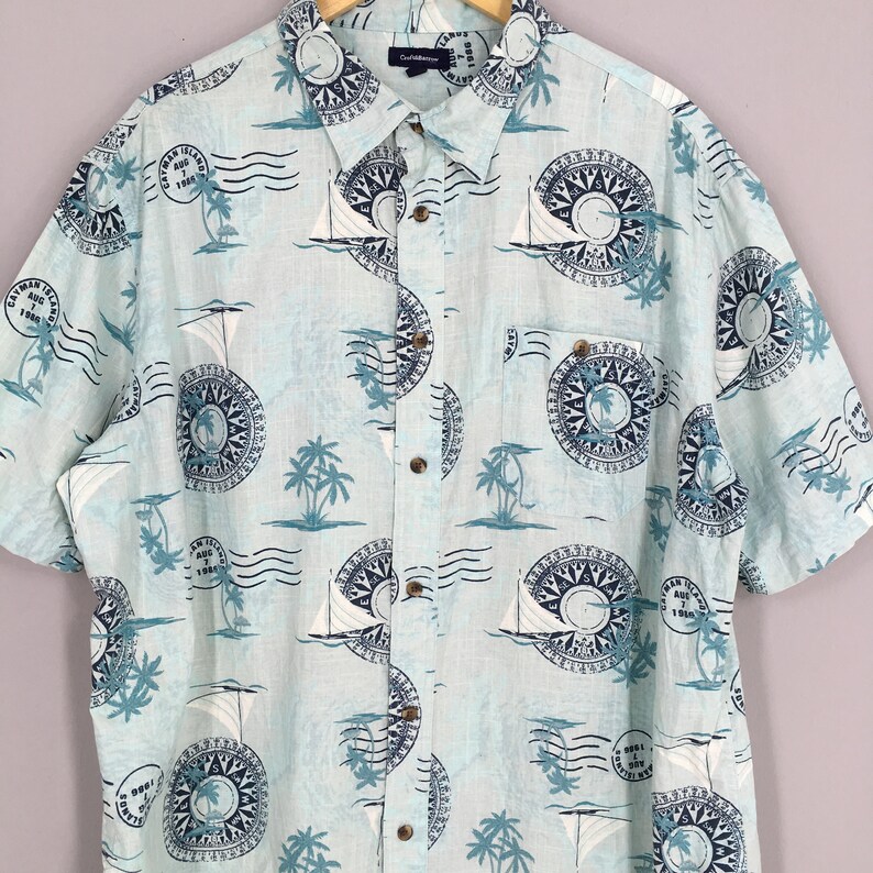 Hawaiian Cotton Shirt XLarge Vintage 90s Hawaii Honolulu Beach Surf Aloha Coconut Tree Beach Tropical Buttondown Size XL