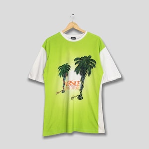 Vintage 90&#39;s Versace Jeans Couture Palm Tree T Shirt Medium Versace Medusa Italy Designer Versace Green Tees Gianni Versace Shirt Size M