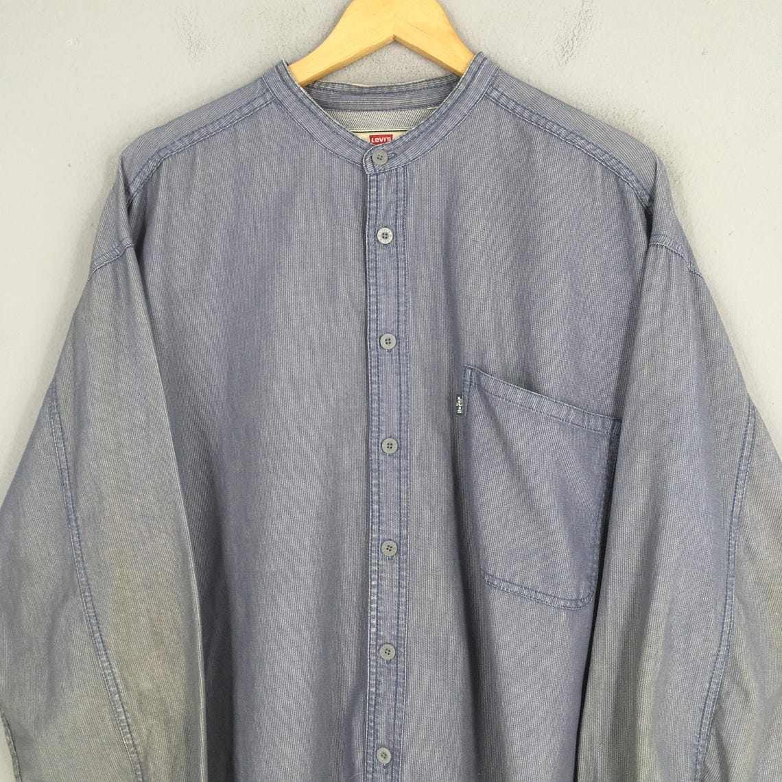 Vintage Levis Strauss Band Collar Shirt Shirt 2XLarge Levis San Francisco California Denim Blue Flannel Levis Jeans Buttondown Oxfords XXL, foto 2 di 5