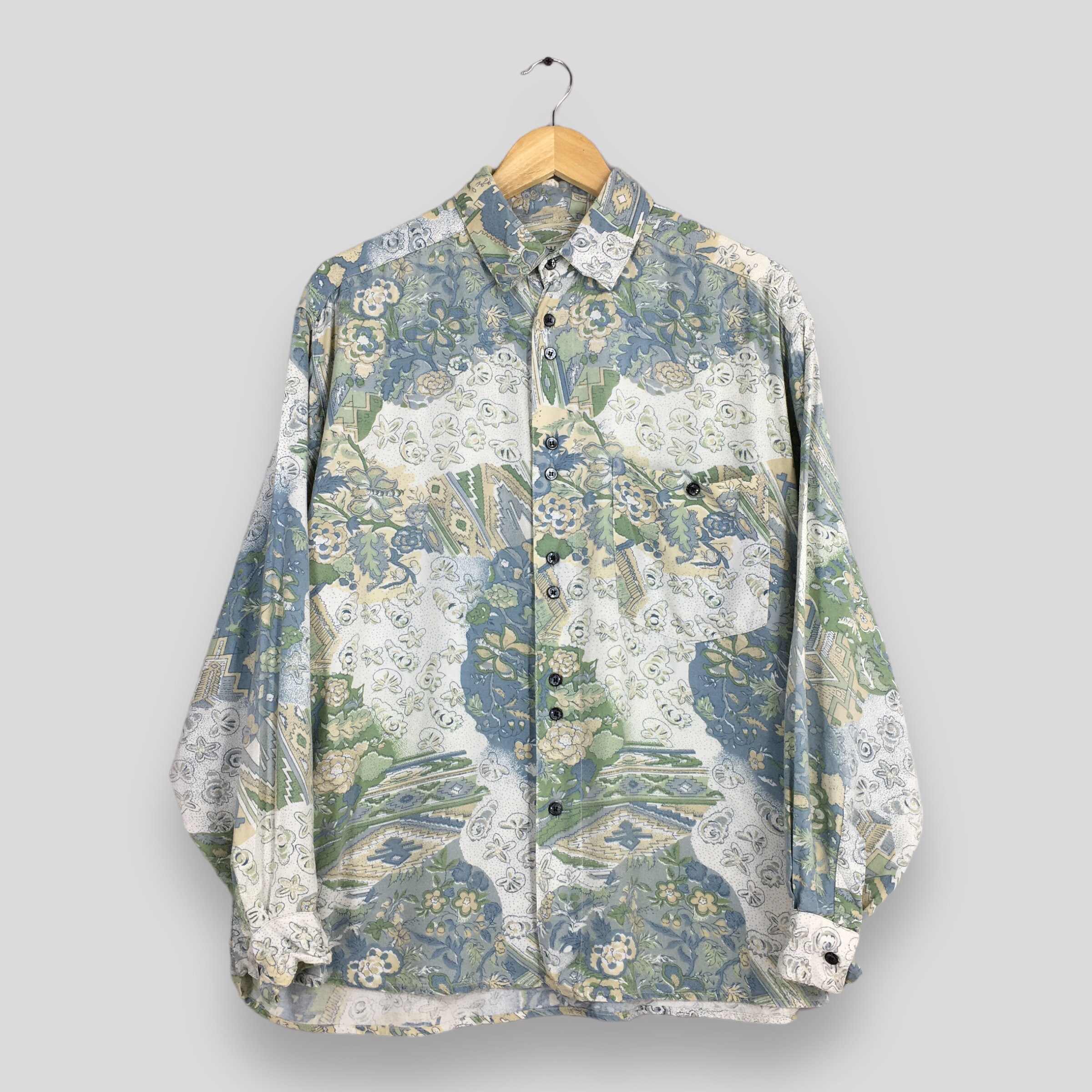 Vintage Retro Aloha Wear Floral Paisley Rayon Shirt Medium Overprinted Tropical Flower Hawaii Casual Summer Wear Button Up Shirt Size M