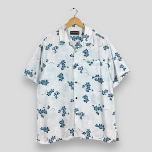 Vintage T&C Surf Designs Hibiscus Flower Tropical Hawaii Shirt Large Hibiscus Graphics Honolulu Guam Beach Surfing Rayon Button Up Size L