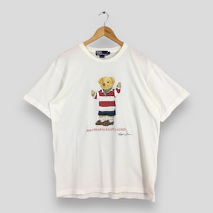 Vintage 90&#39;s Polo Ralph Lauren Polo Bear White T shirt Large Ralph Lauren Bear Stripes Shirt Polo Double RL Polo Bear Tees Size L