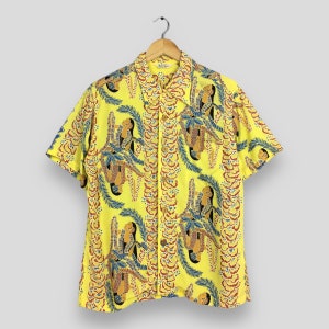 Vintage 80s Paradise Found Hula Girl Shirt Medium Hawaiian Tropical Floral Ukulele Surf Oahu Button Up 70s Tiki Honolulu Rayon Shirt Size M