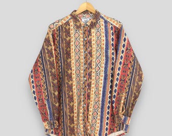 Vintage 80s Funky Abstract Multicolor Flannel Shirt Medium Pop Art Geometrical Pattern Party Disco Button Down Hippies Style Oxfords Size M