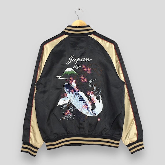 60's 〜70's Vintage souvenir jacket スカジャン Vintage Sukajan Japan Fish Koi Jacket Black Medium Fish Koi