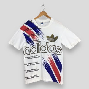 Vintage 80&#39;s Adidas Trefoil France Color White T shirt Medium 1990s Adidas Three Stripes Sportswear Adidas Descente Football Tees Size M
