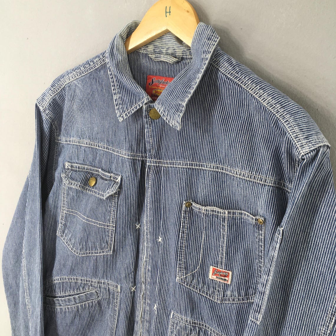 Vintage 90s Dogman Denim Hickory Stripes Jacket Large 91-B Jelt Denim Chore Workwear Blue White Stripes Coat Buttons Mens Outerwear Size L, foto 4 di 5