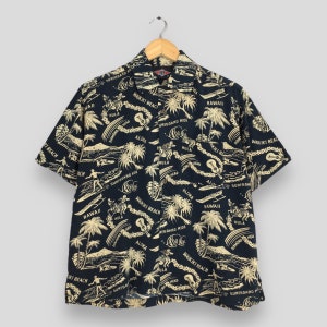 Vintage Bear Waikiki Beach Surfing Ukulele Beach Rayon Shirt Medium Coconut Palm Island Hawaii Hale Honolulu Summer Surf Shirt Size M