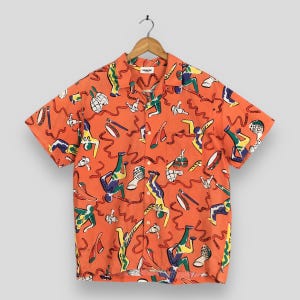 Camisa vintage de instrumentos musicales hawaianos Hang Ten, talla mediana, ropa de surf Hang Ten, camisa retro de algodón con botones para playa, surf y Tiki hawaiano, talla M