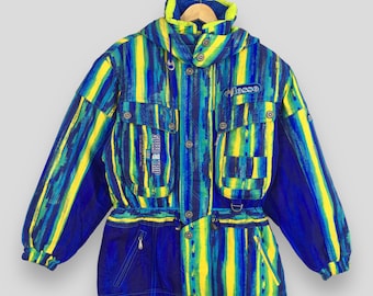 Vintage 90s Ellesse Ski Wear Hoodie Jacket Medium Ellesse Alpine Skiing Cold Weather Snow Gear Bomber Multicolor Neon Outfit Winter Coat M
