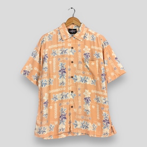 Vintage Hawaiian Hibiscus Flower Tropical Hawaii Shirt Medium Aloha Sailing Beach Honolulu Guam Beach Party Surfing Rayon Button Up Size M