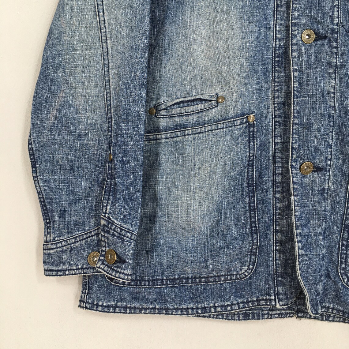 Vintage 1990s Chaps Denim Workers Jacket Large Stone Washed Style Workwear Denim Blue Chore Frenchwork Denim Jacket Button Union Made Size L, foto 3 di 5
