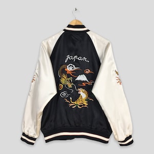 Sukajan Dragon Tiger Black Souvenir Jacket Large Vintage 80&#39;s Sukajan Tokyo Japanese Embroidery Tiger Dragon Satin Blouson Jacket Size L