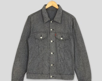 Vintage 90's Stripes Denim Labour Trucker Jacket Medium Jeans Casual Style Workwear Denim Striped Workers Black Jacket Size M