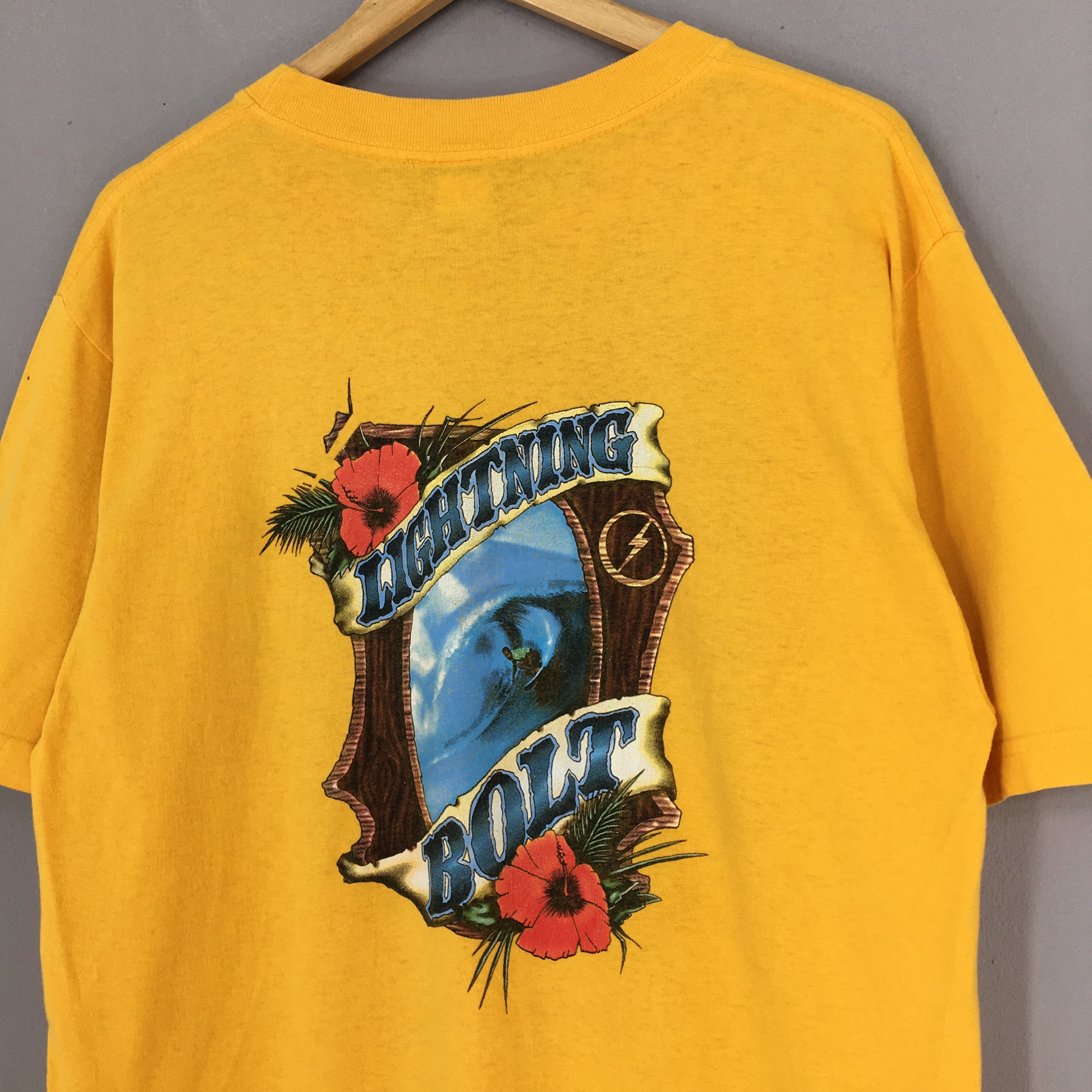 Vintage 90's Lightning Bolt Ocean Wave Surfing T Shirt Large