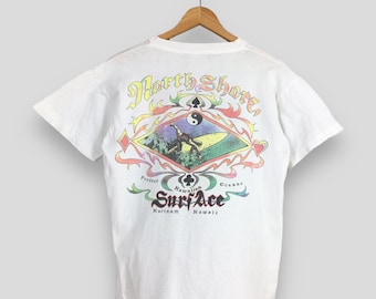 T-shirt blanc de surf hawaïen vintage des années 1980, plage hawaïenne moyenne, surf imprimé Aloha Wear, plage de la côte nord, île de surf hawaïenne, t-shirt taille M