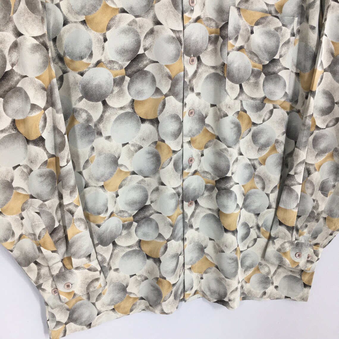Vintage Cosso Japan Retro Abstract Artwork Psychedelic Geometrical Abstract Pattern Polyester Shirt Large Men's Party Disco Oxfords Size L, foto 4 di 5