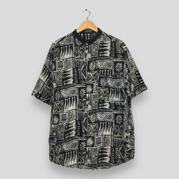 Vintage Montage Beach Hawaiian Navajo Silk Shirt Medium Hawaii Surf Abstract Pop Art Native Printed Button Up Aloha Wear Button Up Size M
