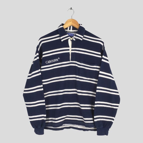 Nigel Cabourn, Vintage 90s Nigel Cabourn Striped Polo Shirt Medium Nigel Cabourn Border Stripes Casual Blue Rugby Shirt Nigel Cabourn Military Tee Size M