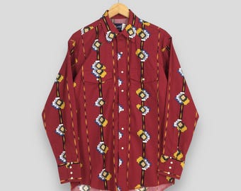 Vintage 80-tals Wrangler Aztec Navajo Western Röd Skjorta Medium Wrangler Brushpopper Tribal Randig Southwestern Pearl Tryckknapp Rodeo Native M