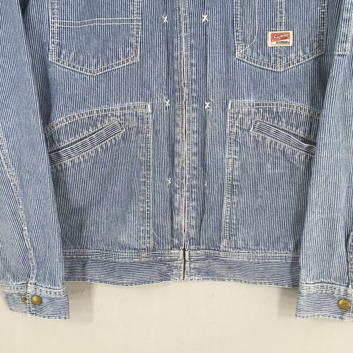 Vintage 90s Dogman Denim Hickory Stripes Jacket Large 91-B Jelt Denim Chore Workwear Blue White Stripes Coat Buttons Mens Outerwear Size L, foto 3 di 5