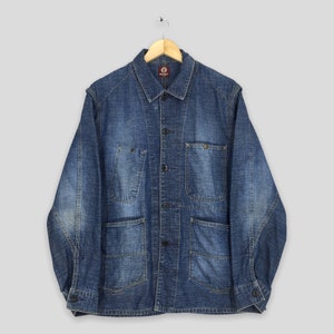 Vintage 1980s Work Jeans Jacket Labour Medium 70s Denim Workers American Chore Denim Blue Jeans Workwear Jacket Buttons Size M