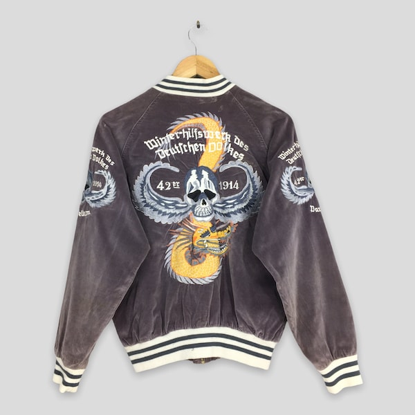 Vintage Sukajan Parachutisten Dragon Skull Souvenir Jacket Medium 1980's Sukajan Velvet Borduurbommenwerper Sukajan Dragon Jacket Maat M