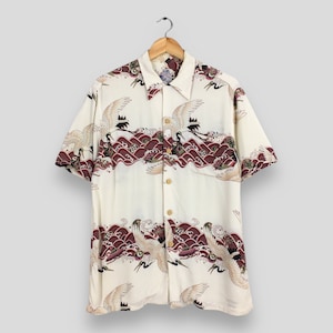 Vintage Oniwa Soto Hawaiian Japanese Phoenix Bird Rayon Shirt Medium Sukajan  Raijin Devil Japan Aloha Tropical Kahanamoku Shirt Size M