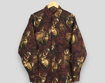 Camisa rústica vintage con estampado de ciervo rojo, talla mediana. Camisa de franela multicolor con estampado de reno y ciervo de cola blanca, talla M.