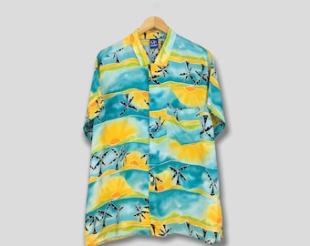 Vintage Ocean Pacific Surfing Hawaiian Shirt Large 1980s Honolulu Hawaii Usa Guam Beach Coconut Tree Aloha Button Up Rayon Buttondown Size L