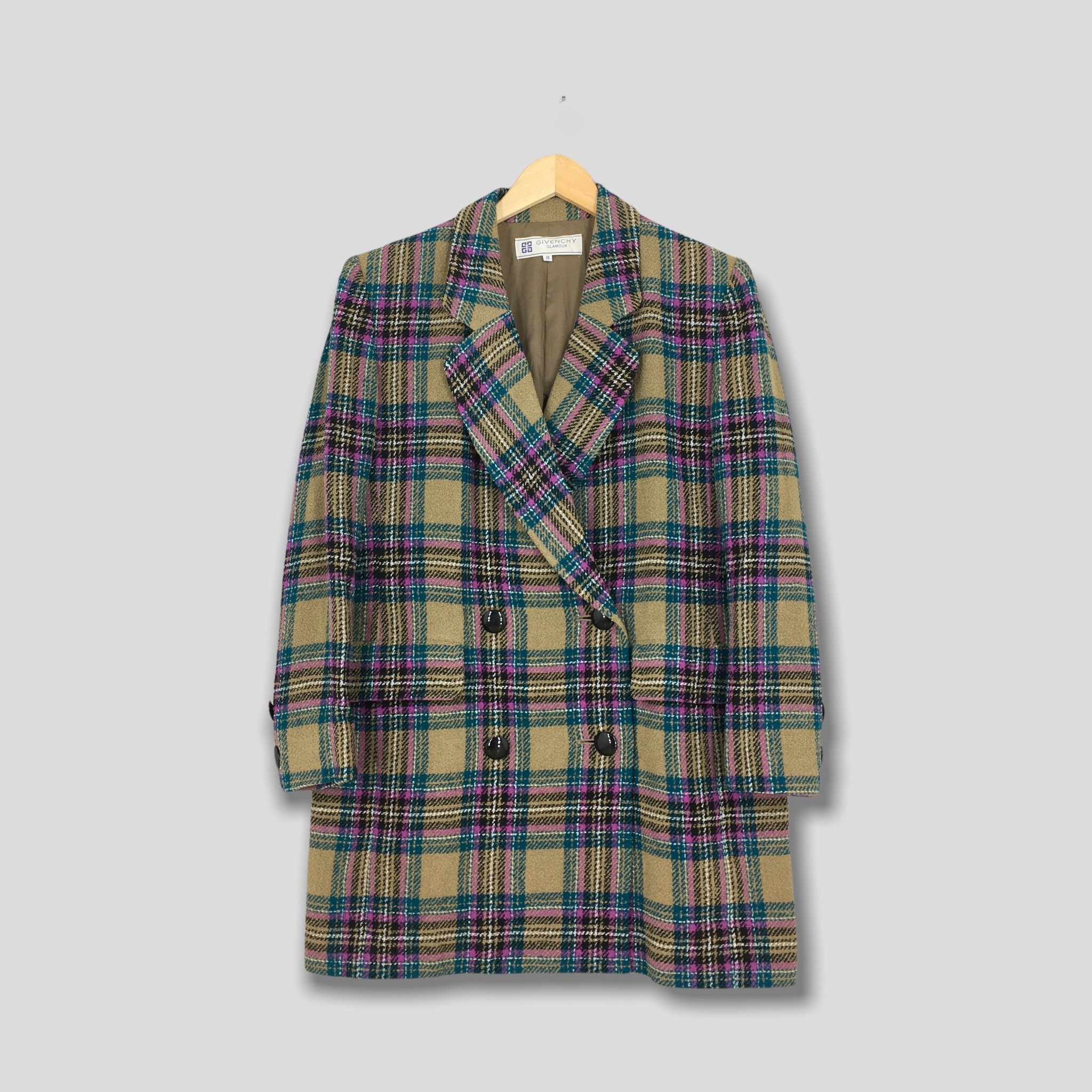 90s GIVENCHY Couture France Plaid Tartan Button Jacket Red