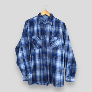 Vintage Plaid Shadow Checked Blue Flannel Shirt Large 90&#39;s Tartan Checkered Casual Wear Button Down 80s Thick Flannel Work Shirt Size L