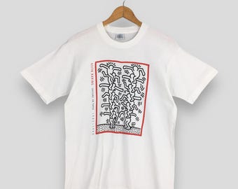 Camiseta vintage de los años 90 con ilustraciones de Keith Haring, ediciones en papel, 1982-1990, tamaño mediano, Keith Haring, litografía, baile, ropa de calle, grafiti, pop, tienda, camisetas M