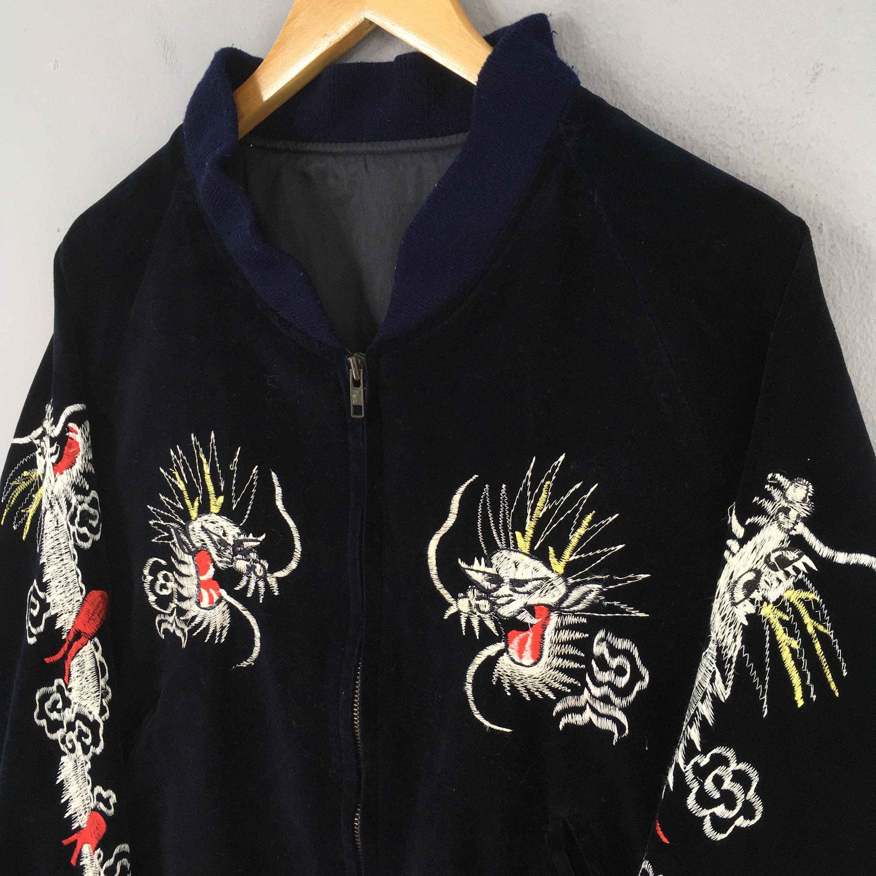 Vintage Sukajan Dragon Velvet Black Bomber Jacket Large 1980