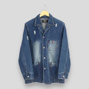 Vintage 90&#39;s Nepuca Workers Denim Jacket Large Four Pockets Union Made Blue Denim Jeans Jacket Nepuca Distressed Style Denim Coat Size L