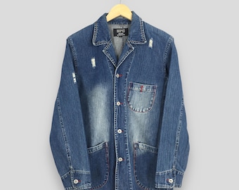 Chaqueta vaquera vintage de los años 90 de Nepuca Workers, grande, con cuatro bolsillos, fabricada en Estados Unidos, chaqueta vaquera azul, abrigo vaquero estilo desgastado de Nepuca, talla L