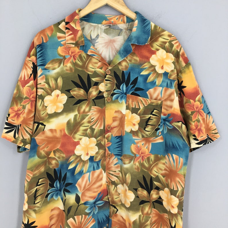 Vintage Hawaiian Floral Shirt Large Hawaii Sailing Beach Honolulu Guam Beach Party Surf Cotton Button Up Size L