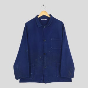 Vintage 1960s Workwear French Work Moleskin Jacket XLarge 70s Sun Faded Frenchwork Sanforized Chore Workers Blue Distressed Jeans Coat XL