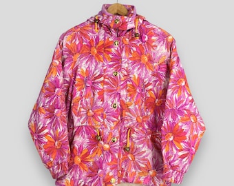 Vintage 80s Beauty Floral Printed Women Jacket Large Abstract Flower Ski Wear Winter Hoodie Clothing Retro Ski Suits Multicolor Coat Size L