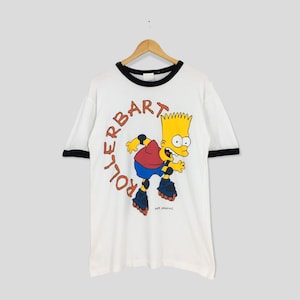 Vintage Bart Simpson Rollerbart Cartoon T shirt Medium 1990&#39;s Animated American Simpson Roller Blade Skater White Tees Matt Groening Size M